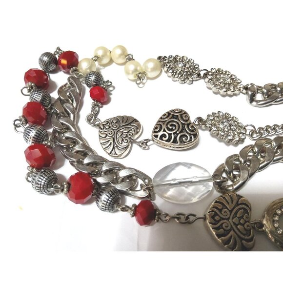 Multi-Layered Silver-Tone Necklace With Red & Pearl Beads Heart Charms & Rhinest - Picture 4 of 7